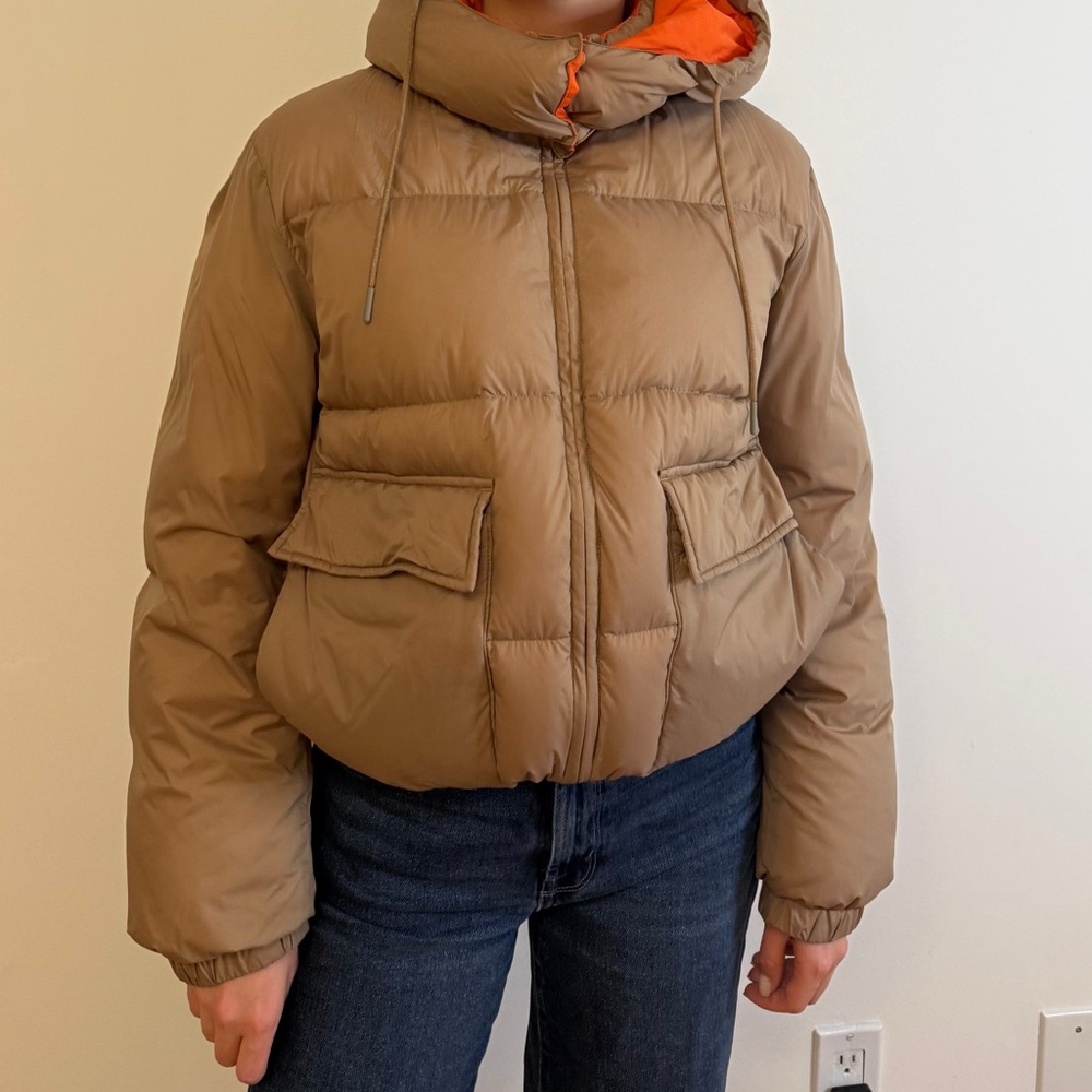 Uniqlo Tan Puffer Jacket with Orange Lining